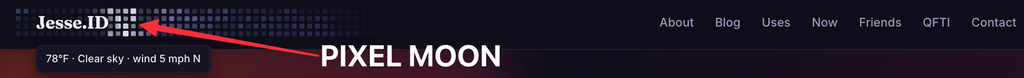 Navbar with a pixely version of the moon where it would be at 8PM on the east coast of the US.